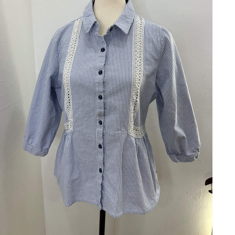 Kamiseta Button Down Blouse‎ Womens L1 Blue Stripe Good Lace Peplum 3/4 Sleeve
